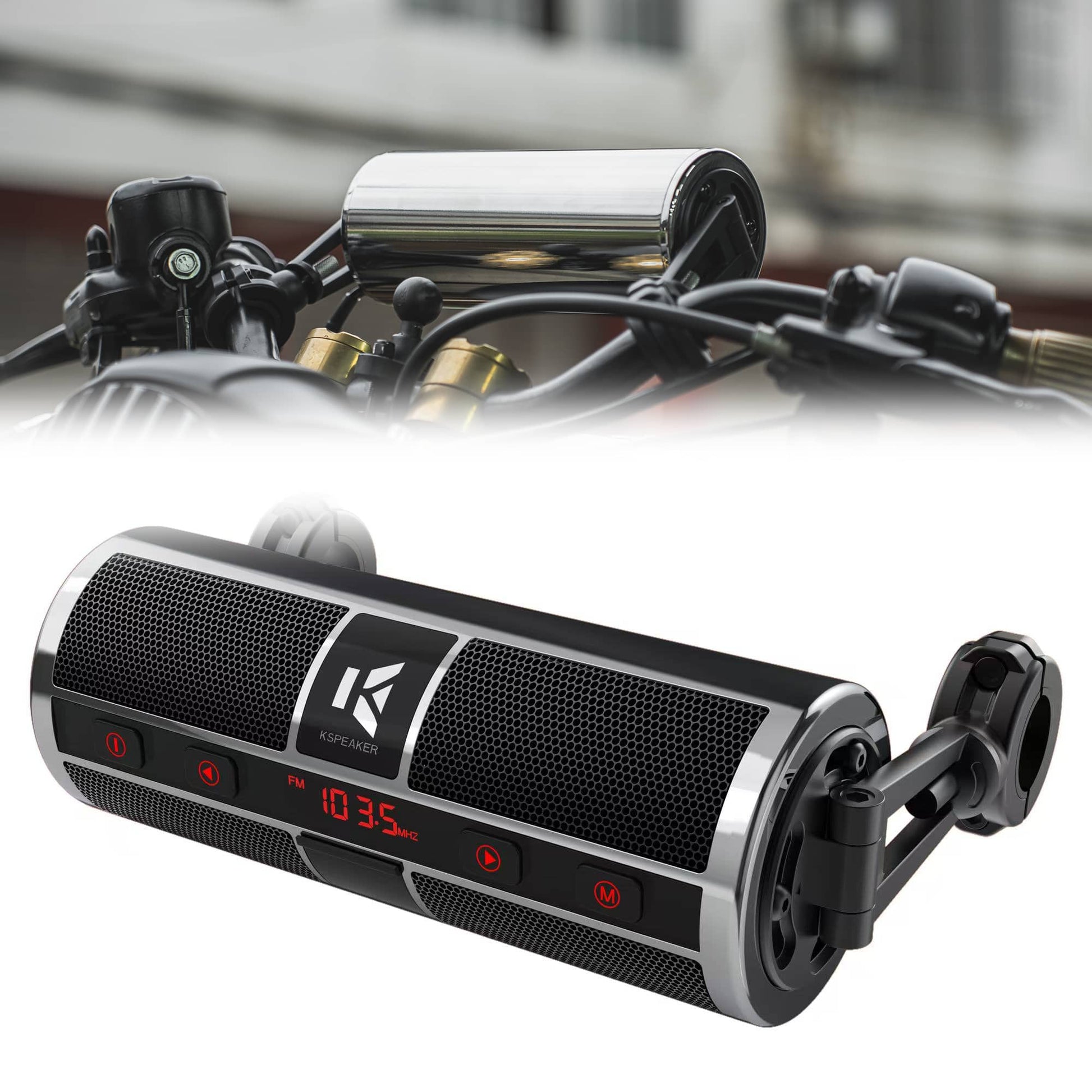 KSPEAKER K2CH chrome motorcycle handlebar speakers mounted on a cruiser bike