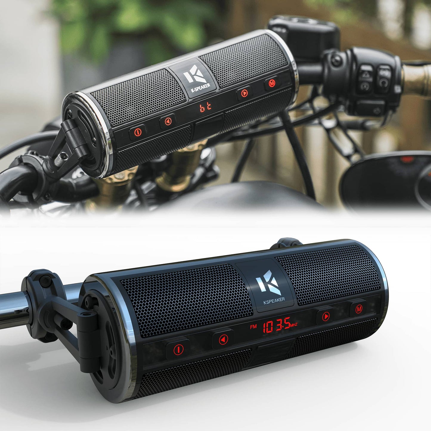 KSPEAKER K2 motorcycle handlebar speakers mounted on a cruiser motorcycle