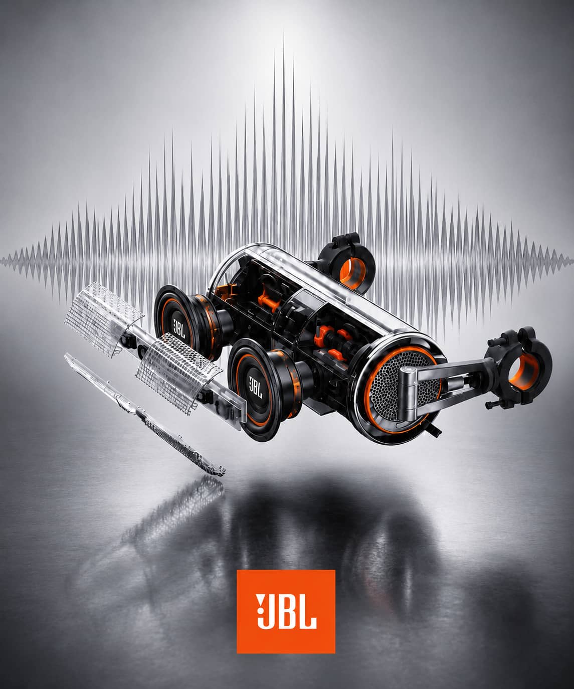 A high-tech exploded view technical rendering showing the internal components, sound waves, and rugged engineering of a JBL-integrated powersports sound system for e-commerce websites.