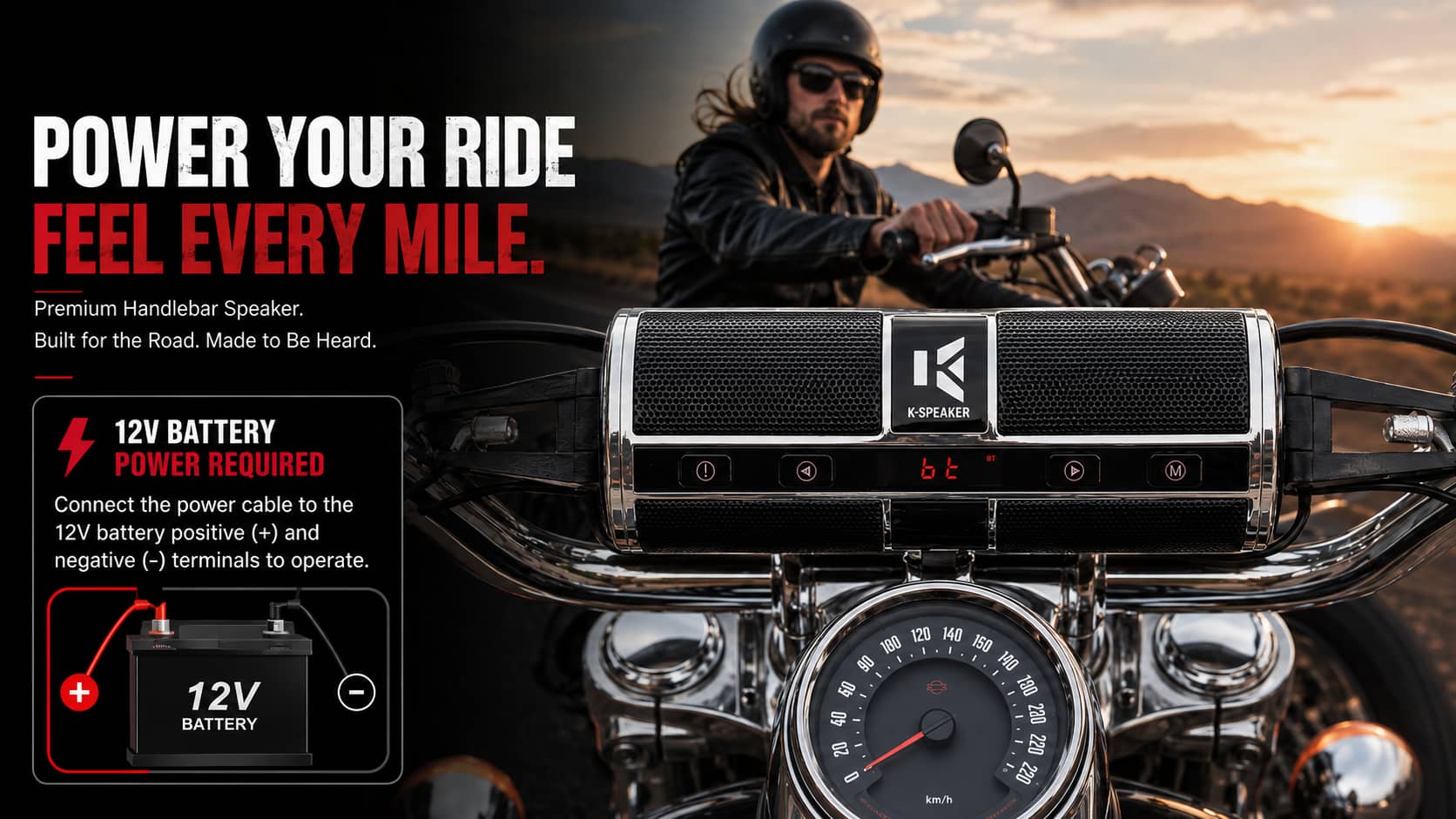 KSPEAKER premium motorcycle handlebar speaker demonstrating the direct 12V battery connection for continuous power on the road.