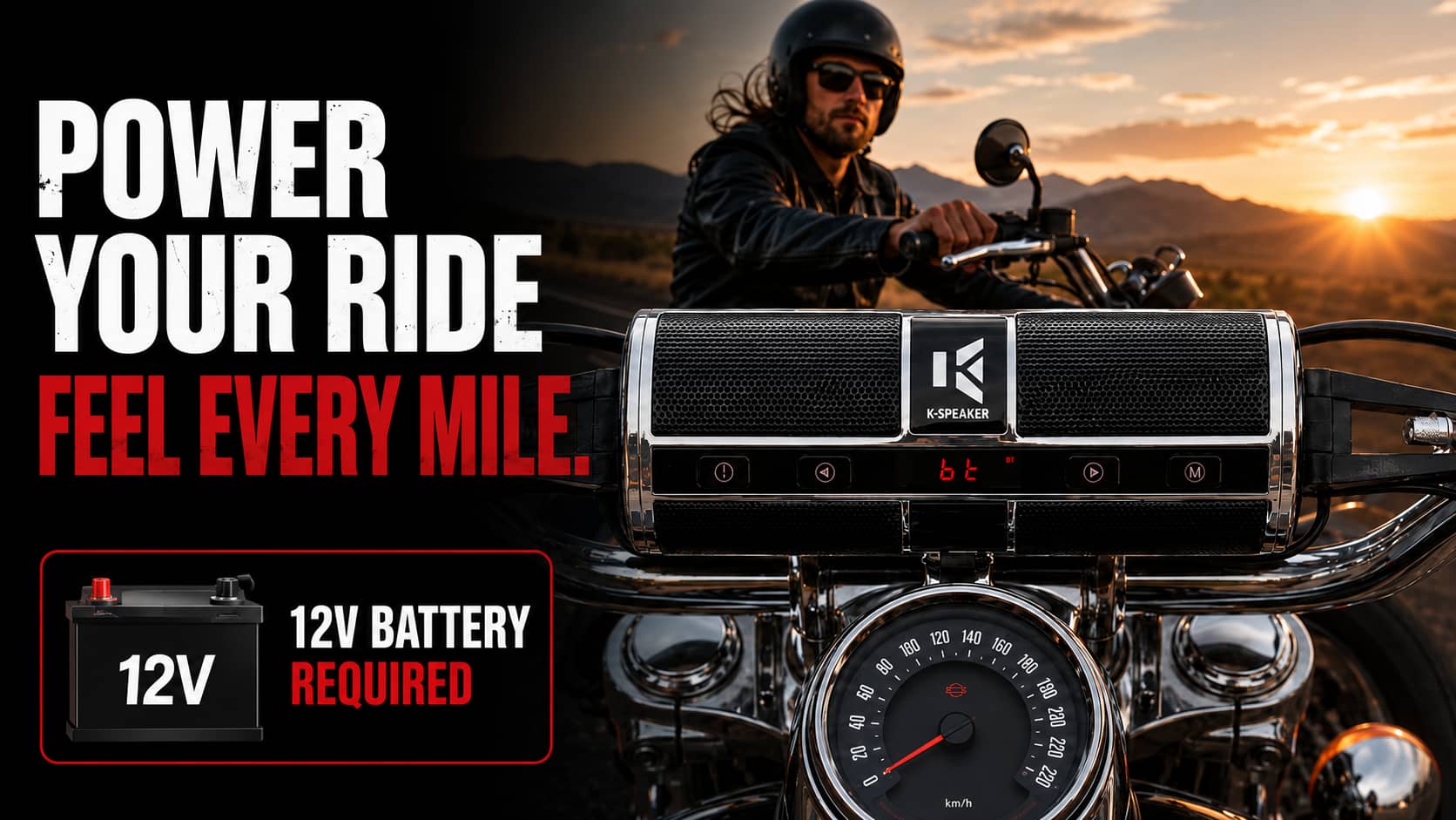 KSPEAKER premium motorcycle handlebar speaker demonstrating the direct 12V battery connection for continuous power on the road.