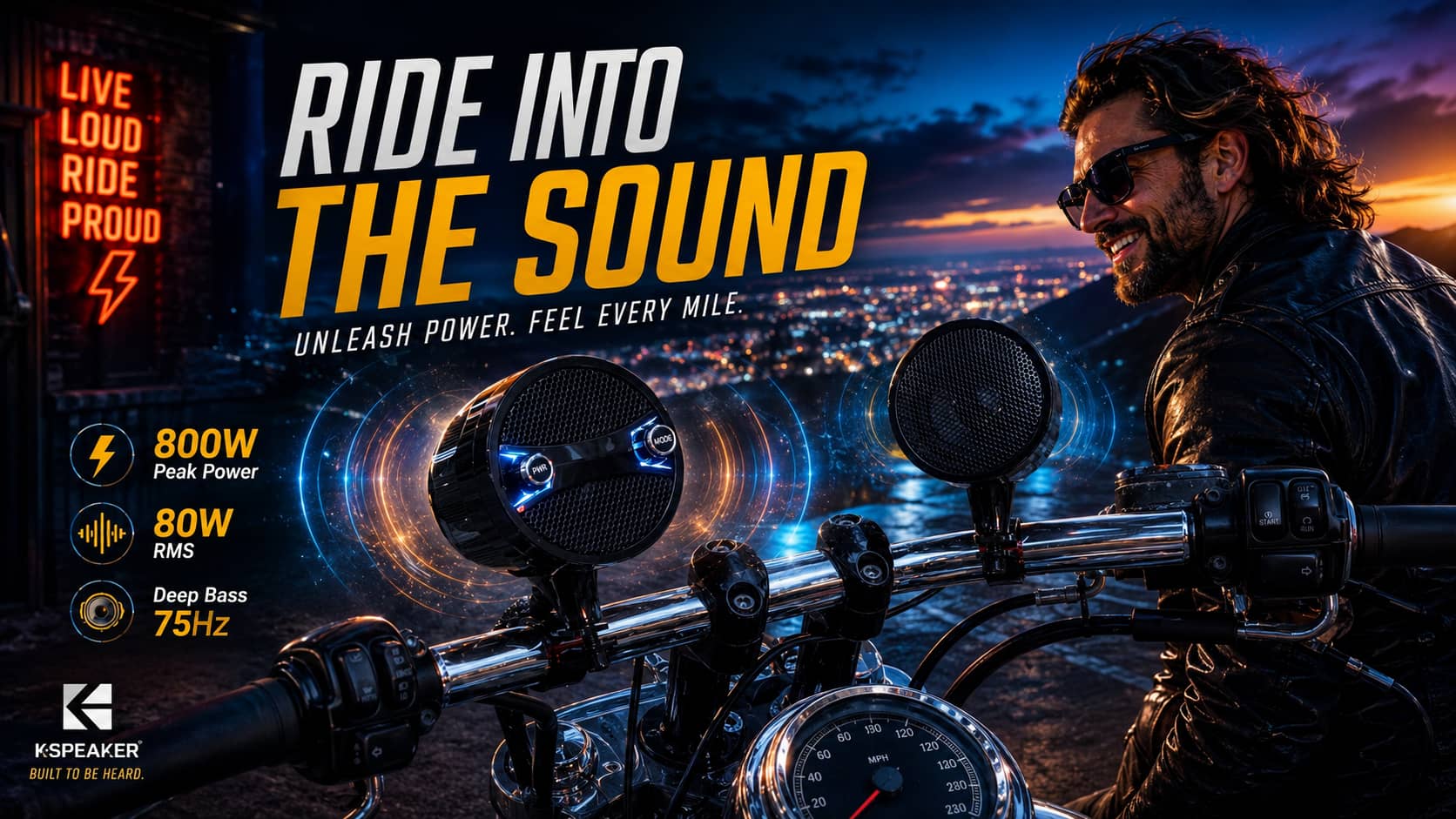 KSPEAKER 800W peak power motorcycle audio system mounted on handlebars, featuring 80W RMS, illuminated speakers, and 75Hz deep bass for a loud riding experience.