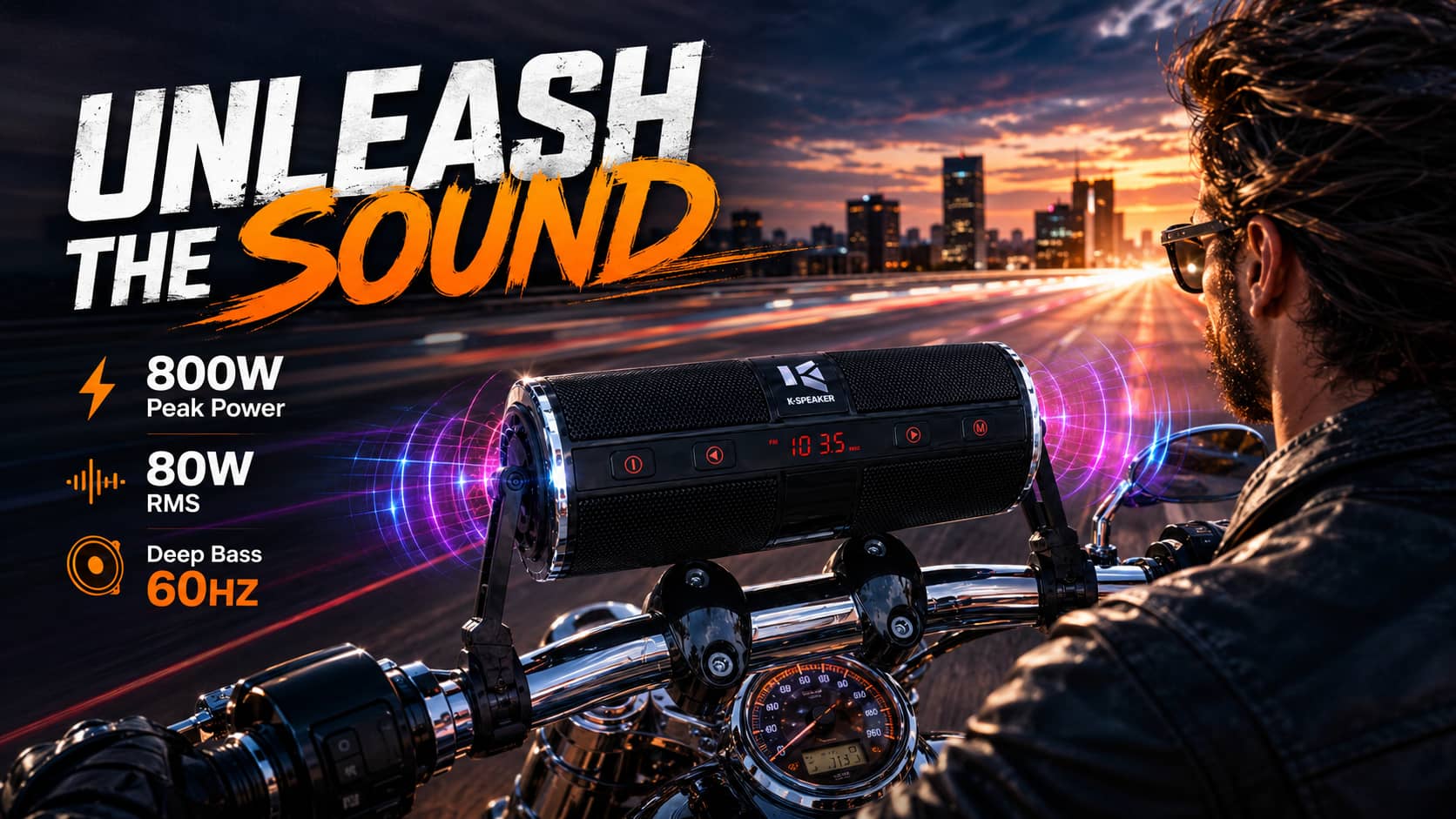 Promotional banner for a motorcycle handlebar Bluetooth speaker, highlighting high-performance technical specs: 800W peak power, 80W RMS, and 60Hz deep bass response for loud and clear outdoor audio.