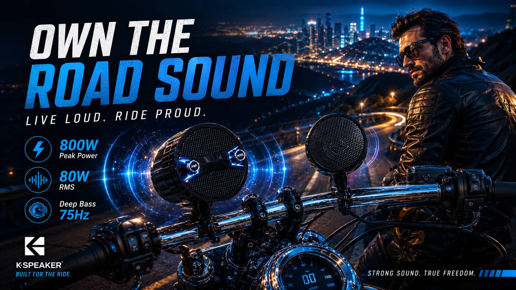 Motorcycle handlebar bluetooth speakers banner showing high-performance technical specs: 800W peak power, 80W RMS, and 75Hz deep bass. A powerful, weatherproof audio upgrade built for outdoor motorcycle riding.