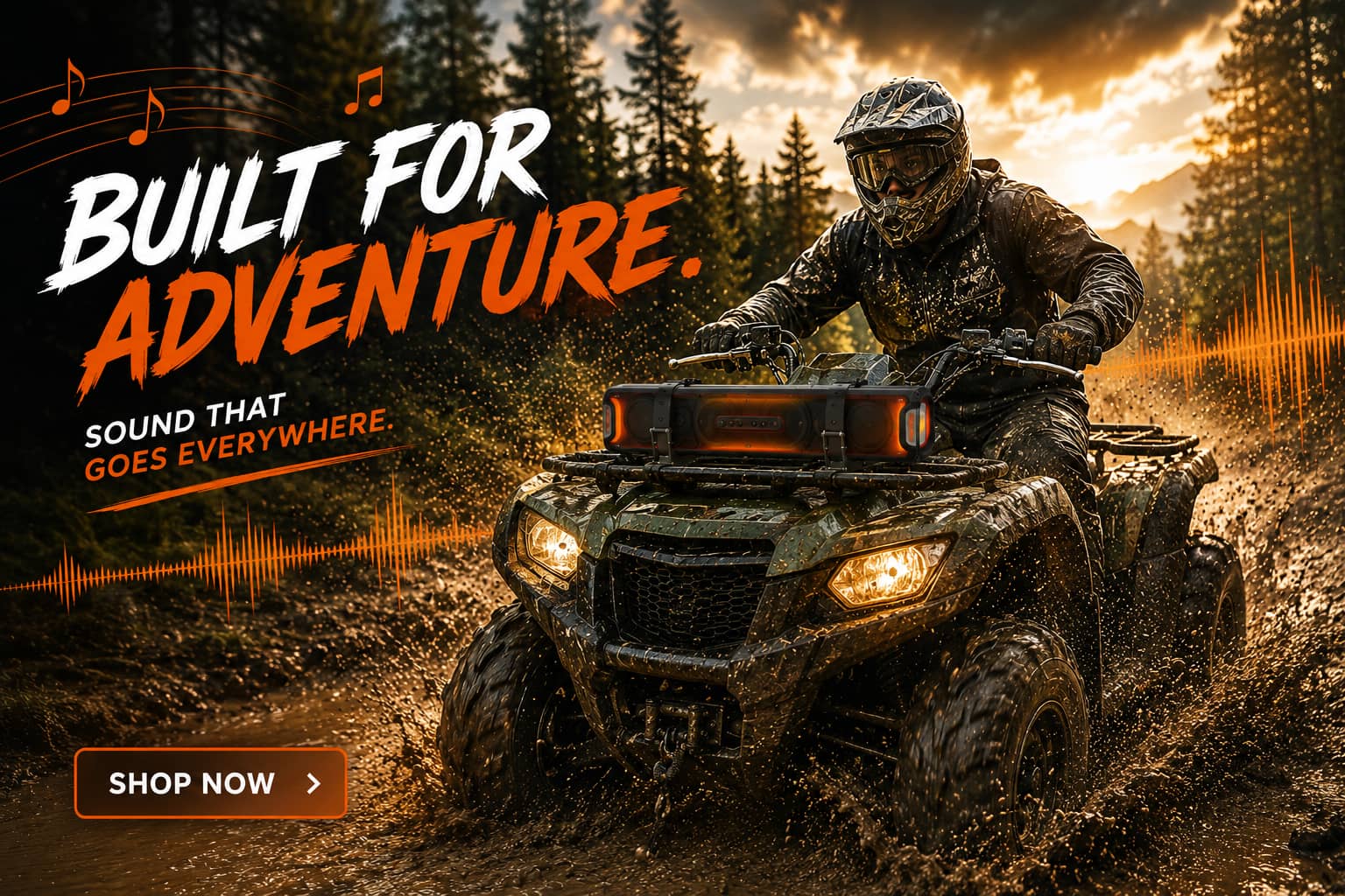 A rider in full gear driving a muddy ATV through a forest trail, splashing thick mud. A KSPEAKER audio soundbar is mounted on the front rack of the four-wheeler. The image features orange soundwaves, music notes, and text that reads: "BUILT FOR ADVENTURE. SOUND THAT GOES EVERYWHERE." along with a "SHOP NOW" button.