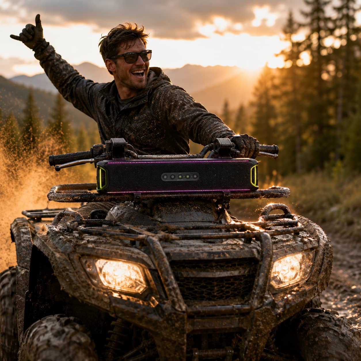A rugged waterproof UTV soundbar securely mounted on the handlebars of an ATV in the outdoors. Showing the versatile audio system that stands up to vibrations and weather on all-terrain vehicles.