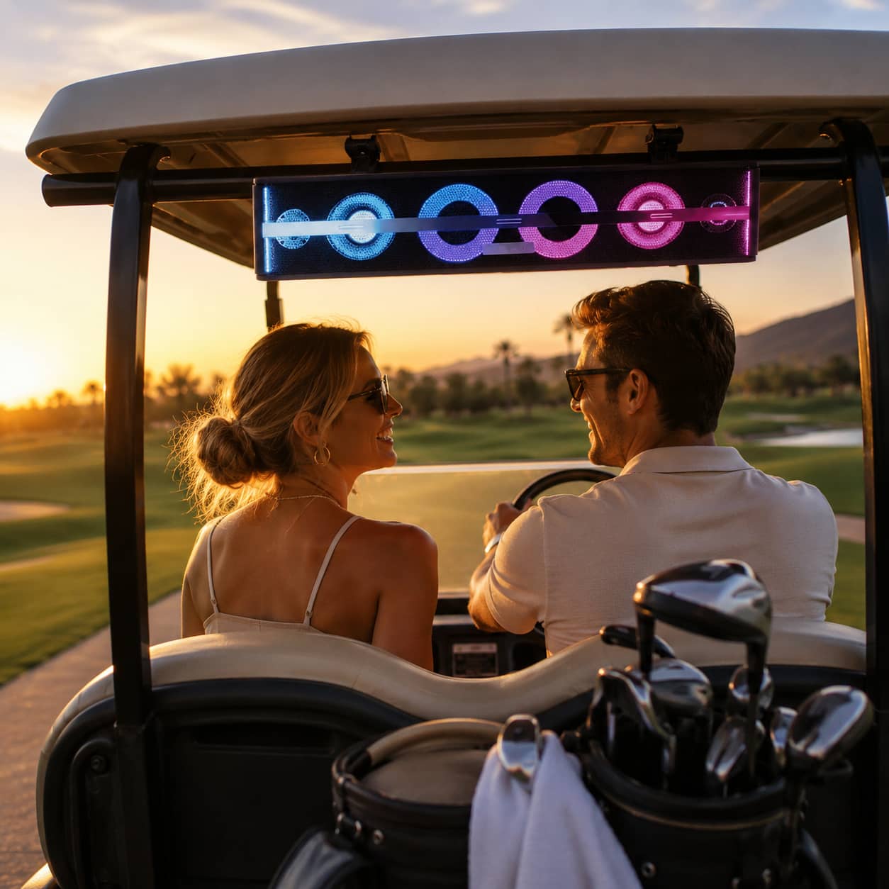 KSPEAKER waterproof soundbar with glowing RGB LED lights mounted on a golf cart roof frame at sunset. Highlighting the versatile premium audio system perfect for golf cart audio upgrades.