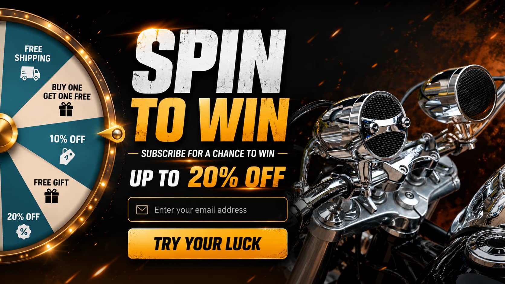 Interactive spin to win lucky wheel promotion featuring chrome waterproof motorcycle handlebar speakers. Highlighting the limited-time email subscription deal for premium cruiser audio gear.