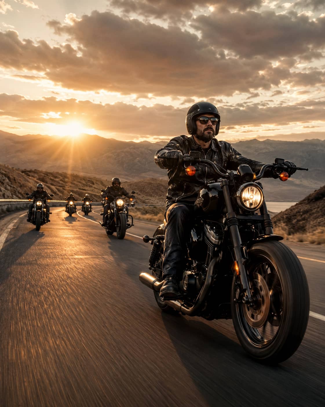 A man wearing a helmet and sunglasses rides a black cruiser motorcycle on a highway at sunset, leading a group of bikers. A scenic lifestyle image for KSPEAKER motorcycle audio.