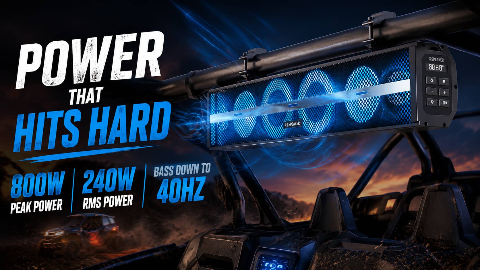 High-performance waterproof UTV soundbar featuring intense blue LED lights, delivering deep low frequency down to 40Hz on an off-road side-by-side vehicle. Engineered for high peak power and pounding bass.