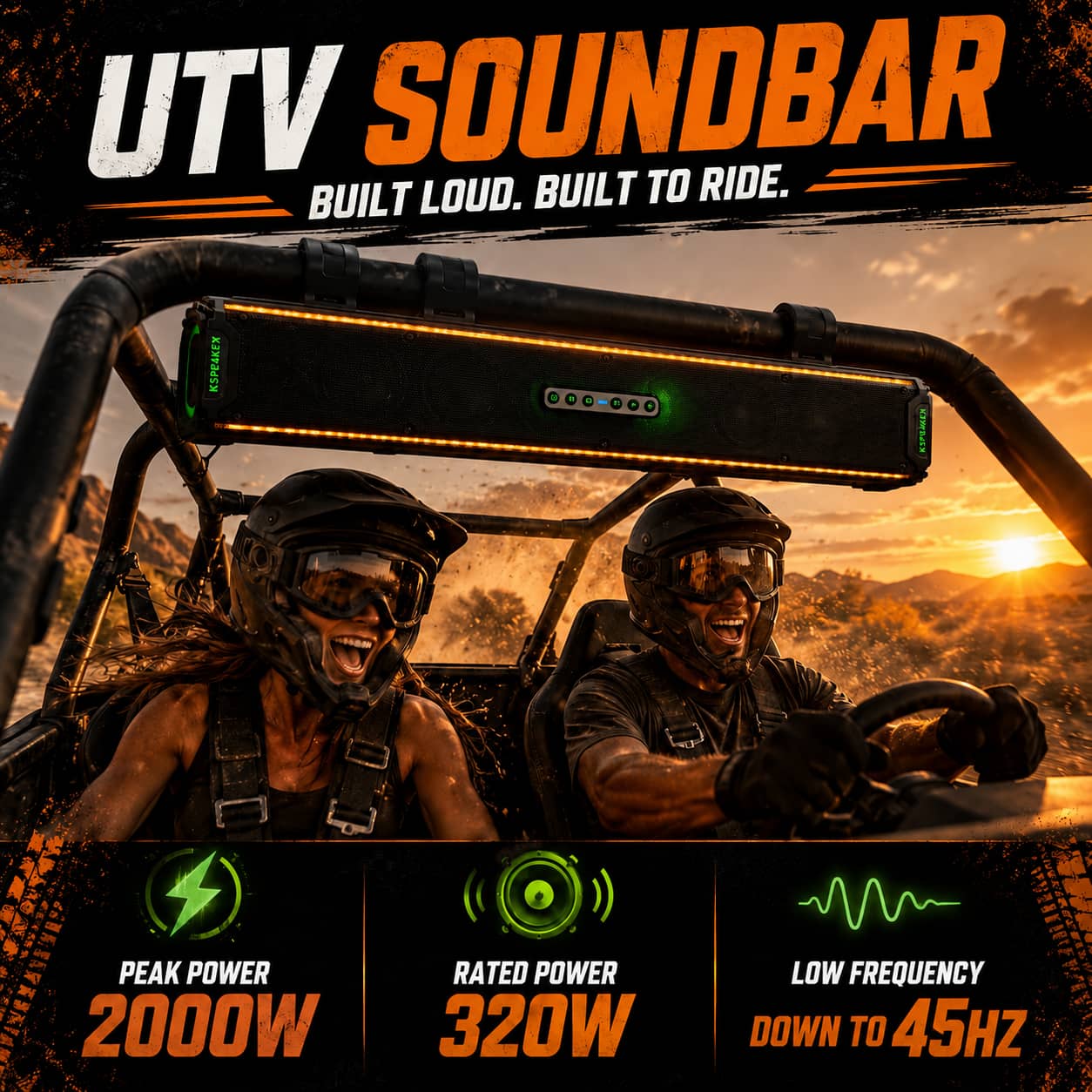 High-performance waterproof UTV soundbar delivering extreme peak power and deep low frequency down to 45Hz on an off-road side-by-side vehicle trail ride. Designed to out-blast engine roar with pounding bass.