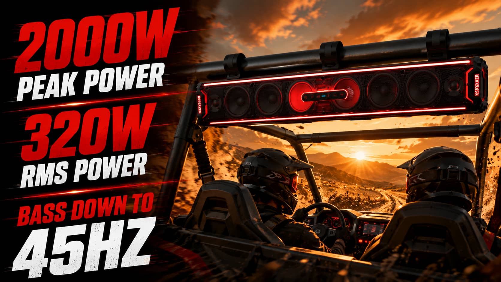 High-performance waterproof UTV soundbar glowing with red LED lights during a rugged off-road desert ride at sunset. Highlighting the extreme volume output and deep low frequency engineered to crush engine roar.