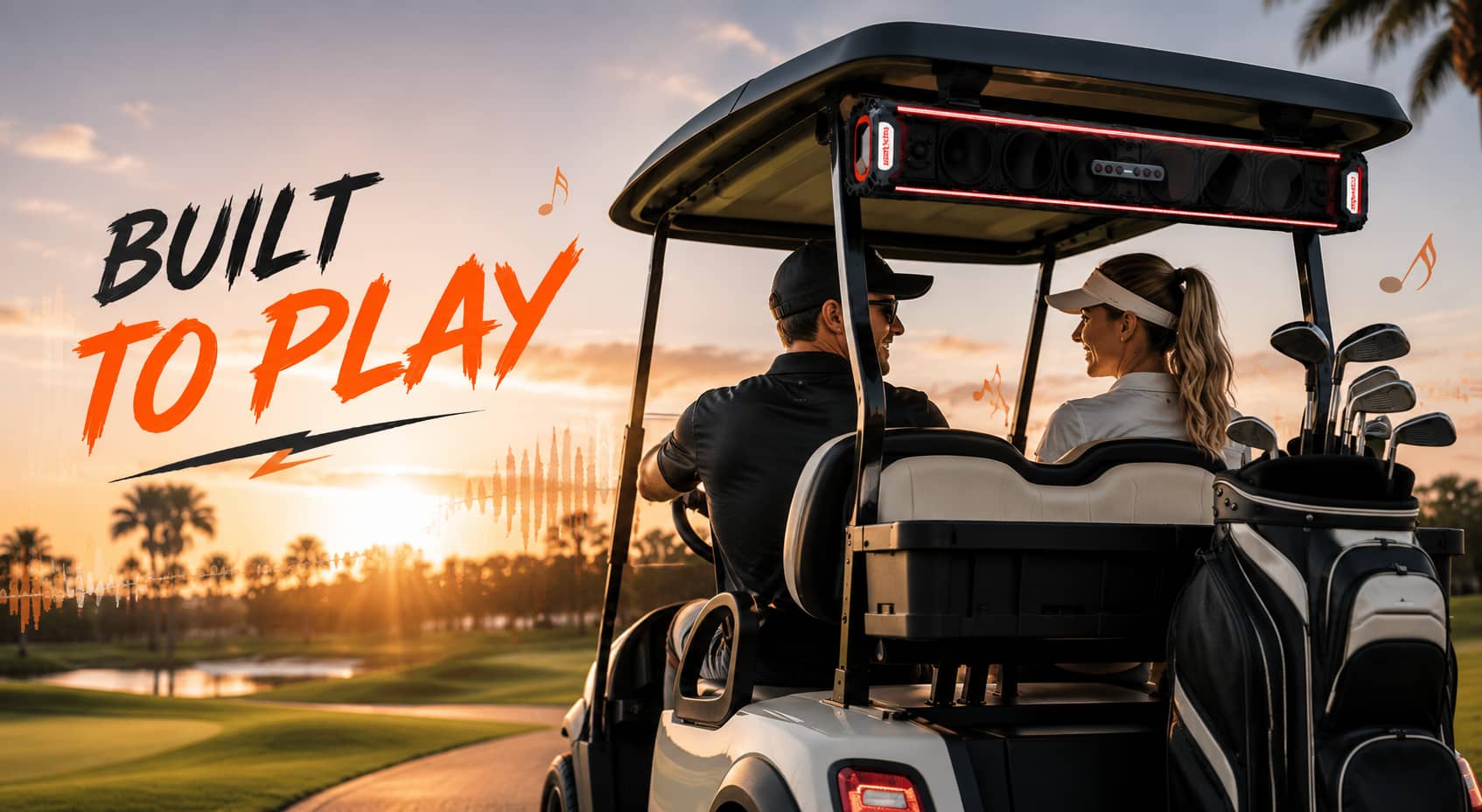 A smiling man and woman sitting in a golf cart on a sunny golf course at sunset. A KSPEAKER audio soundbar with red LED lights is mounted to the roof of the cart. The image features orange soundwaves, music notes, and text that reads: "BUILT TO PLAY."