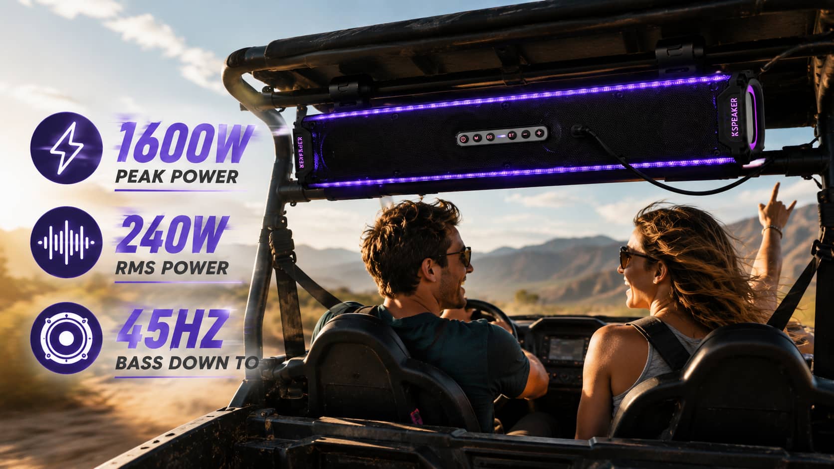 Marketing diagram of a high-performance UTV soundbar showcasing peak power, RMS power, and deep bass specifications during an off-road trail ride. Highlighting the extreme acoustic power system built for side-by-sides.