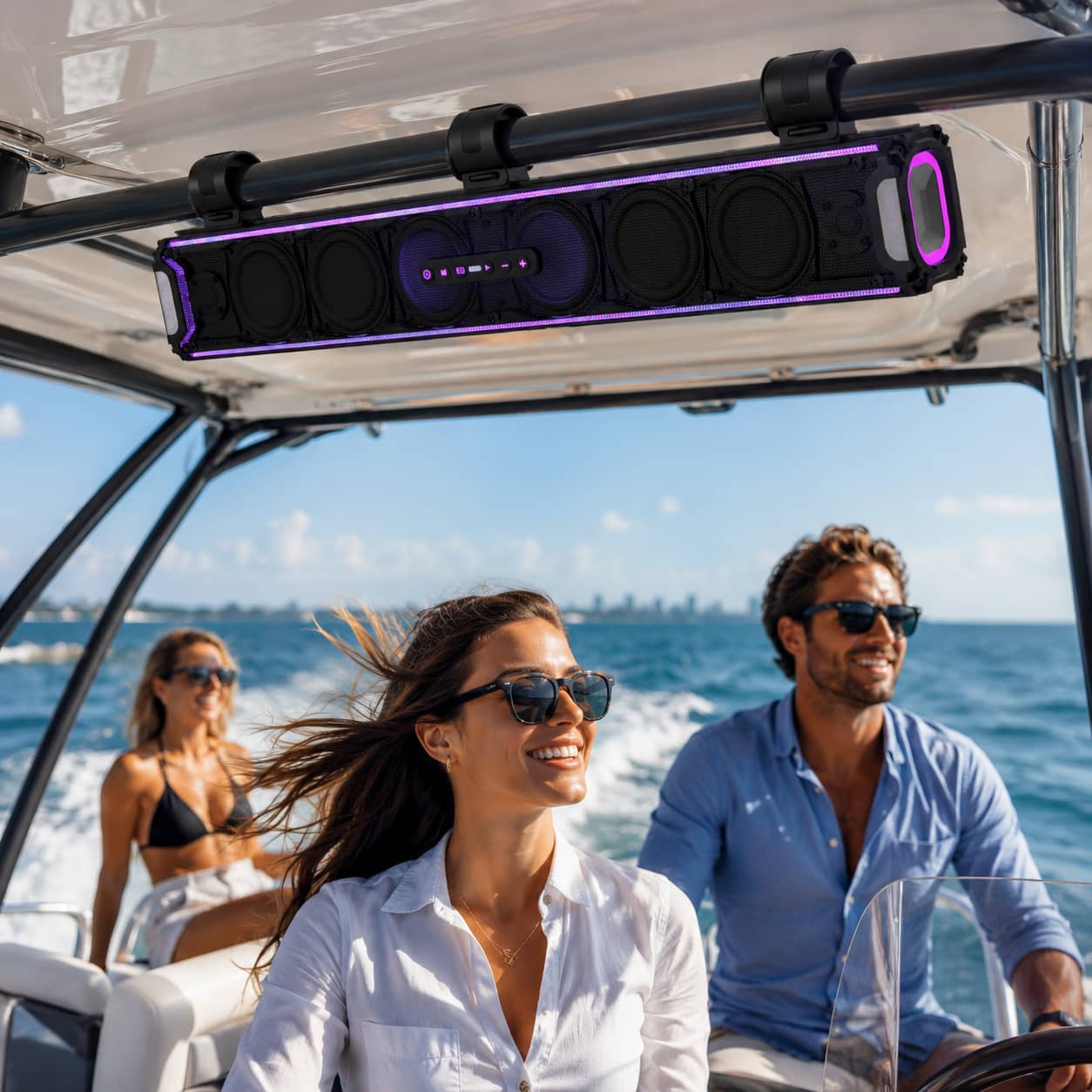 Marine-grade waterproof soundbar with purple LED lights clamped onto a speed boat T-top tower frame during an ocean cruise. Highlighting convenient non-destructive audio upgrade perfect for luxury yachts.