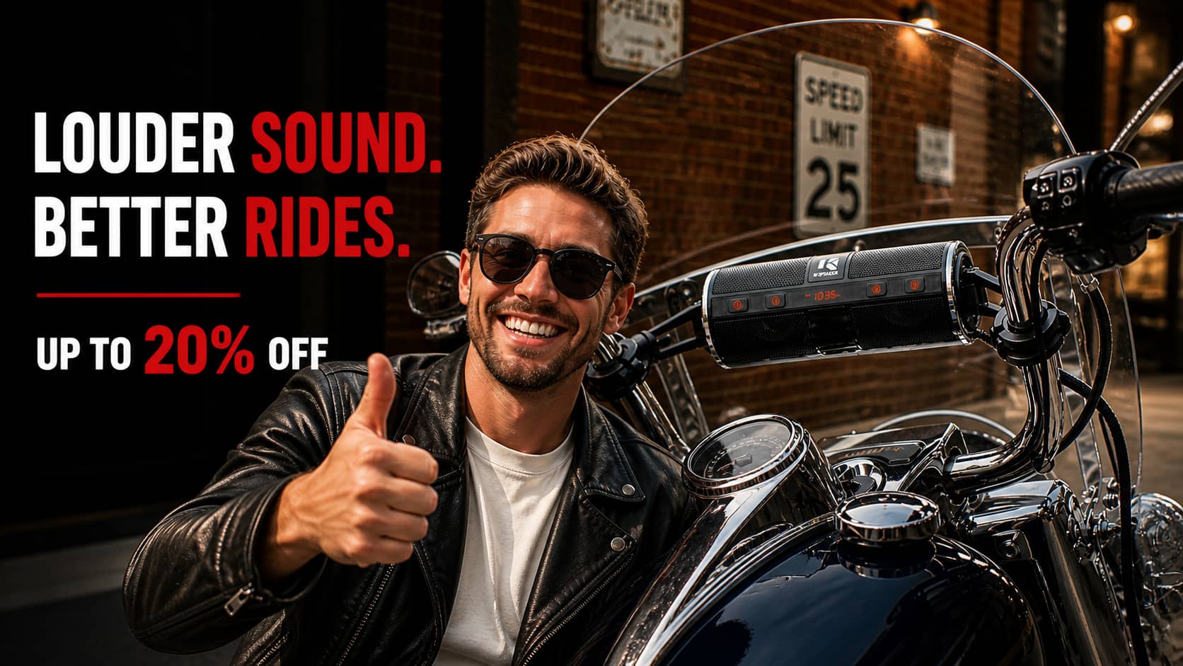 A smiling man wearing sunglasses and a leather jacket gives a thumbs up while sitting on a motorcycle. A KSPEAKER audio soundbar is mounted on the handlebars. Text on image reads: "LOUDER SOUND. BETTER RIDES. UP TO 20% OFF."