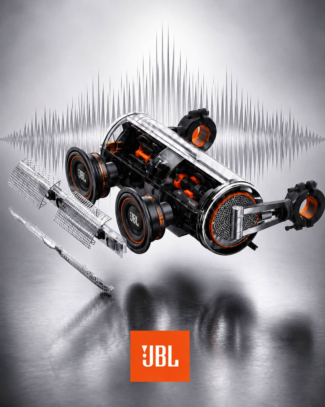 A high-tech exploded view technical rendering showing the internal components, sound waves, and rugged engineering of a KSPEAKER motorcycle soundbar powered by JBL audio speakers for e-commerce websites.