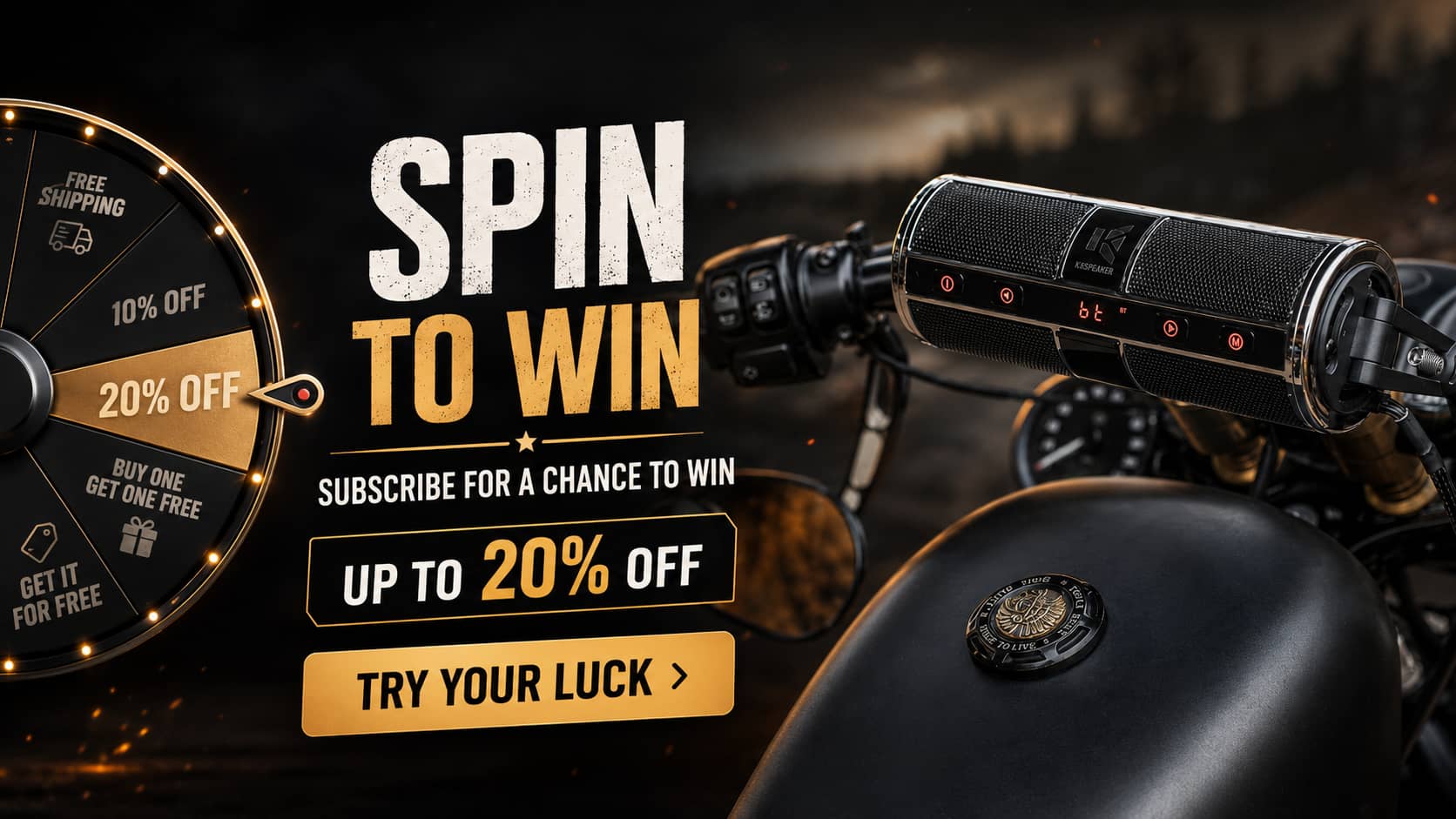 Marketing poster of waterproof motorcycle handlebar speakers showing an up to 20 percent off discount badge during a sunset highway cruise. Highlighting the limited-time premium cruiser audio sale.