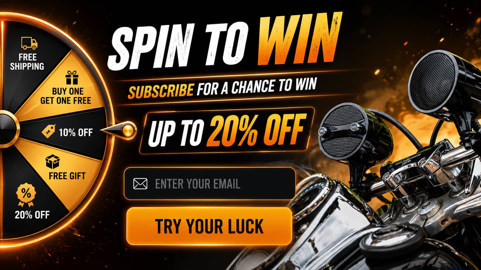 Marketing graphic of waterproof motorcycle handlebar speakers featuring a spin to win lucky wheel popup. Highlighting the interactive email subscription discount offer for premium cruiser audio.