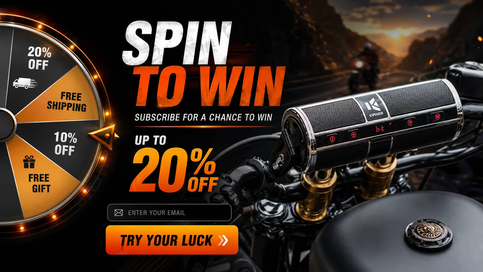 Marketing poster of waterproof motorcycle handlebar speakers featuring a save 20 percent discount badge during a sunset highway ride. Highlighting the limited-time premium cruiser audio special offer.