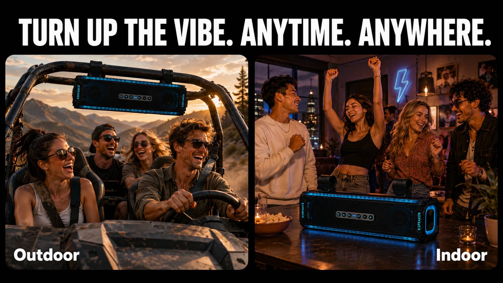 Split-screen marketing image showing a UTV soundbar used outdoors on a trail ride with friends and indoors at a neon-lit party. Highlighting the portable, multi-environment audio versatility for off-road enthusiasts.