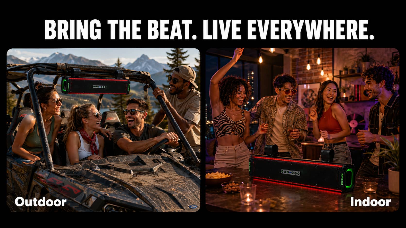 Split-screen marketing poster showcasing a waterproof UTV soundbar used during a daytime mountain ride and an indoor nighttime party. Highlighting the versatile multi-scenario audio experience for off-roaders.