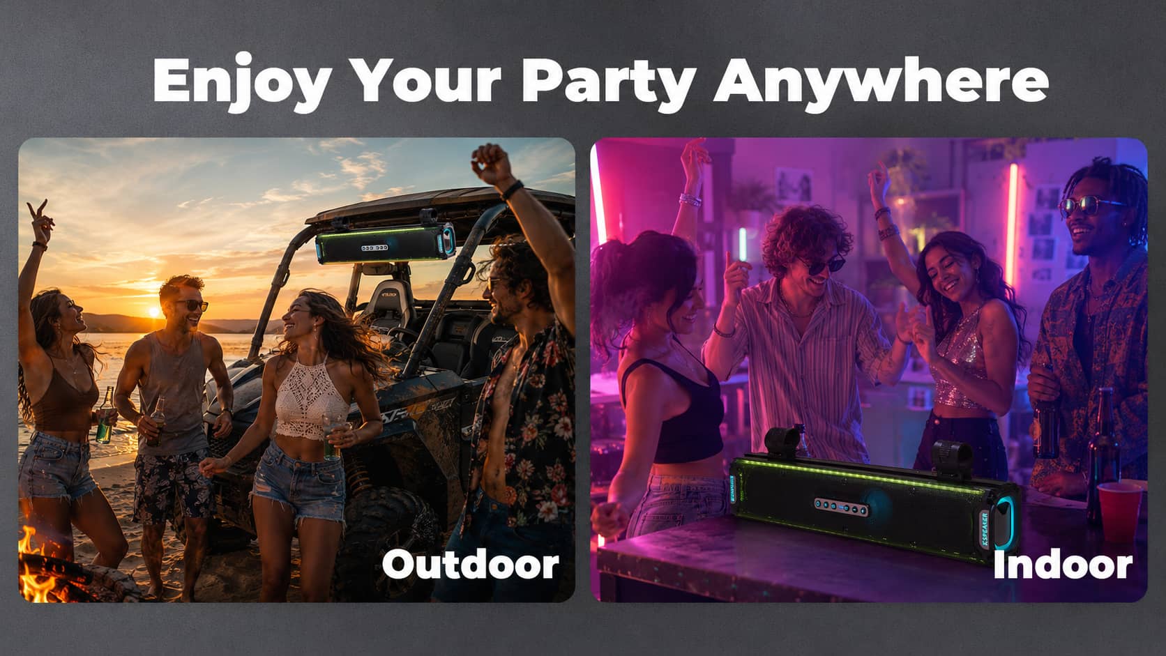 Split-screen marketing diagram showing a waterproof UTV soundbar used for an outdoor beach side-by-side vehicle party and an indoor house party with vibrant lighting. Highlighting multi-scene audio versatility.