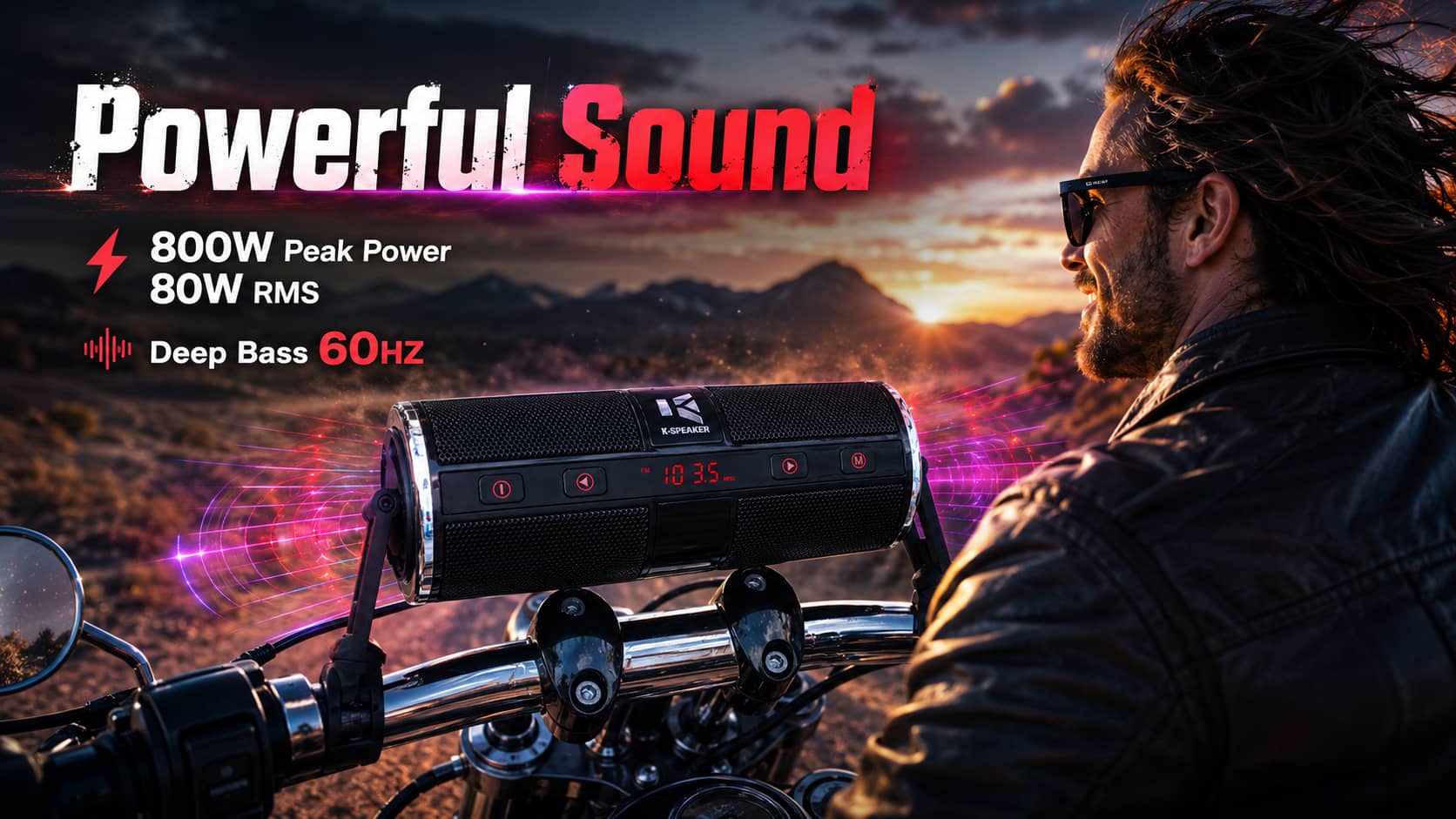 A rugged KSPEAKER motorcycle Bluetooth speaker delivering powerful 800W peak power and 60Hz deep bass, mounted on a cruiser during a sunset ride.