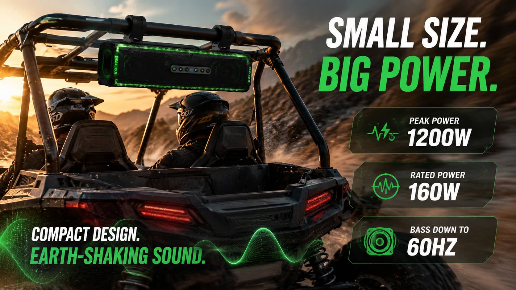 Kspeaker branding over two riders in a desert UTV at sunset. A powerful dashboard sound system is mounted, displaying text overlays: 'POWERFUL AMPLIFIER', '1200W PEAK POWER', and '160W RMS POWER'. Purple RGB lights glow.