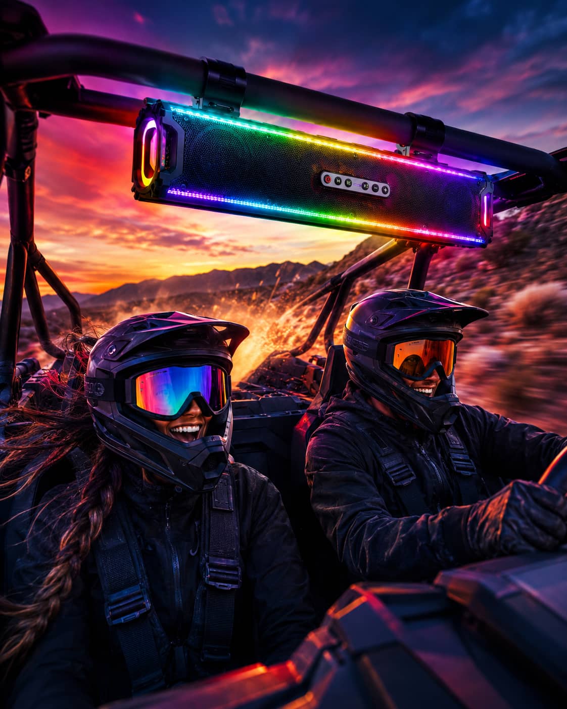 A KSPEAKER waterproof UTV soundbar with vibrant RGB LED lights flashing during a sunset ride. Highlighting the dynamic multi-color lighting and rugged audio system built for off-road side-by-side vehicles.