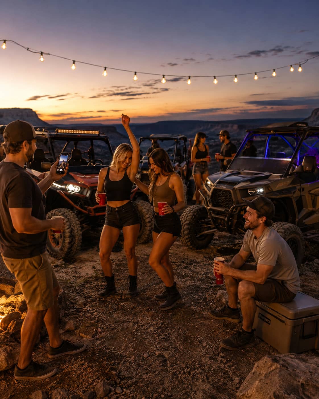 A group of friends dancing and drinking at a desert night party under string lights next to parked Polaris RZR UTVs. A lively off-road lifestyle image for KSPEAKER UTV audio systems.