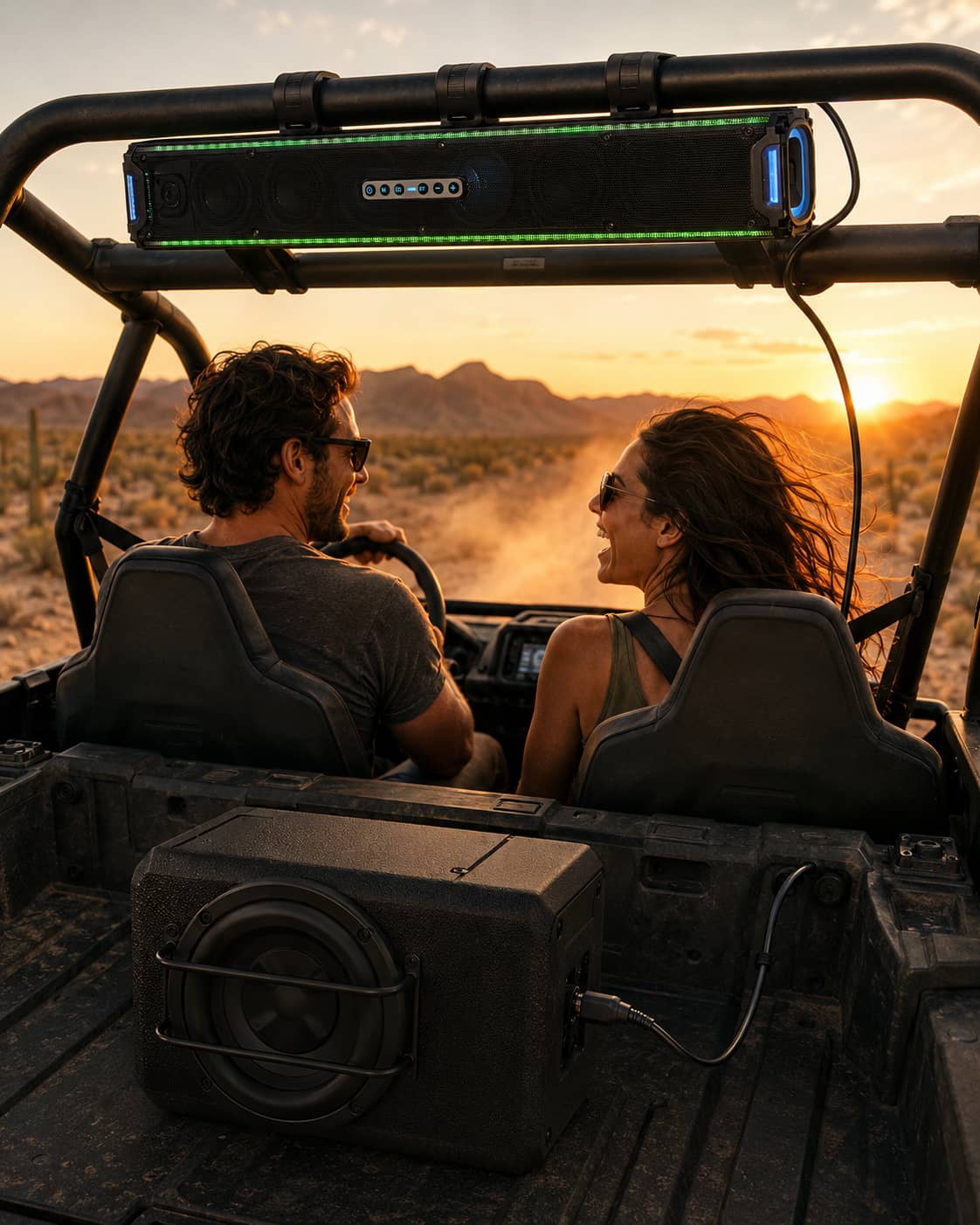 Diagram showcasing how to chain multiple KSPEAKER waterproof UTV soundbars using the AUX OUT port for unlimited expansion. Highlighting the versatile expandable off-road audio system design.
