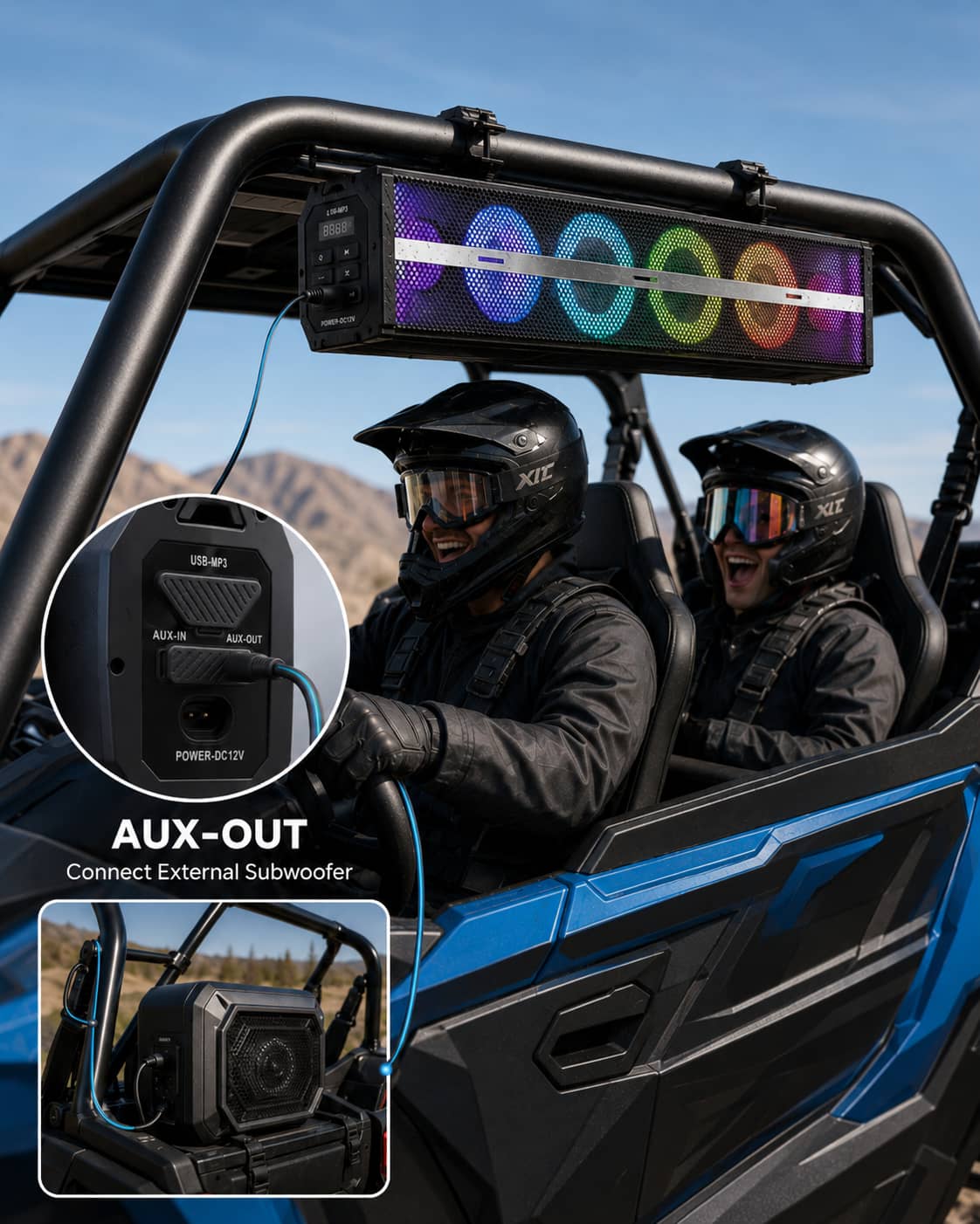 Diagram of a waterproof UTV soundbar showing the AUX OUT port connected to an external subwoofer. Highlighting the expandable audio system design for off-road side-by-side vehicle bass upgrades.