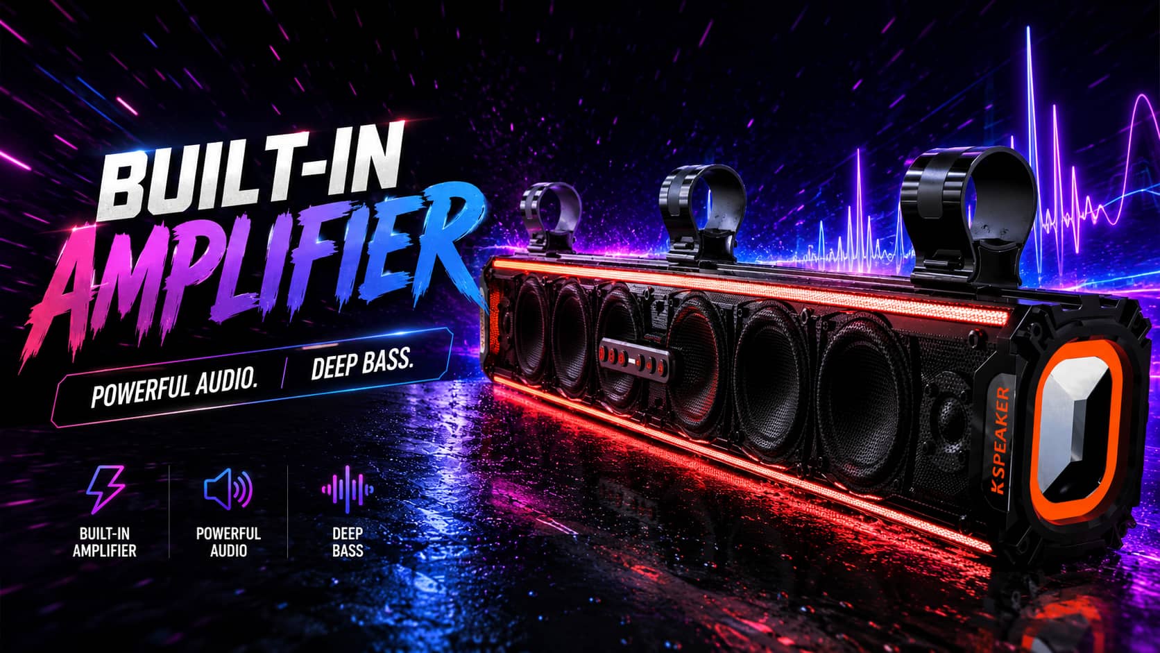 Marketing poster of a waterproof UTV soundbar showcasing its powerful built-in amplifier system. Highlighting the heavy-duty audio drivers engineered for high volume output and deep bass during off-road riding.