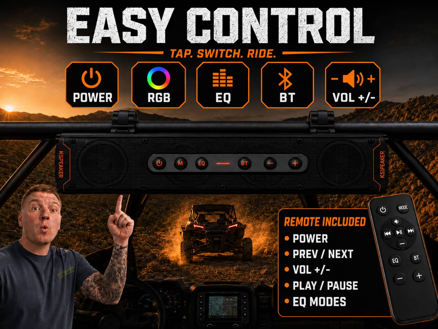 Diagram showing the easy button control layout and remote functions of a KSPEAKER UTV soundbar. Explaining how to switch EQ modes and light settings effortlessly on an off-road side-by-side vehicle audio system.