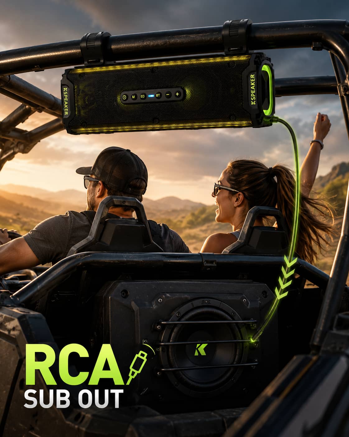 Marketing poster of two riders in an off-road UTV connecting an external subwoofer via auxiliary input to a rugged waterproof soundbar. Highlighting the powerful bass upgrade and scalable audio system during a wilderness adventure.