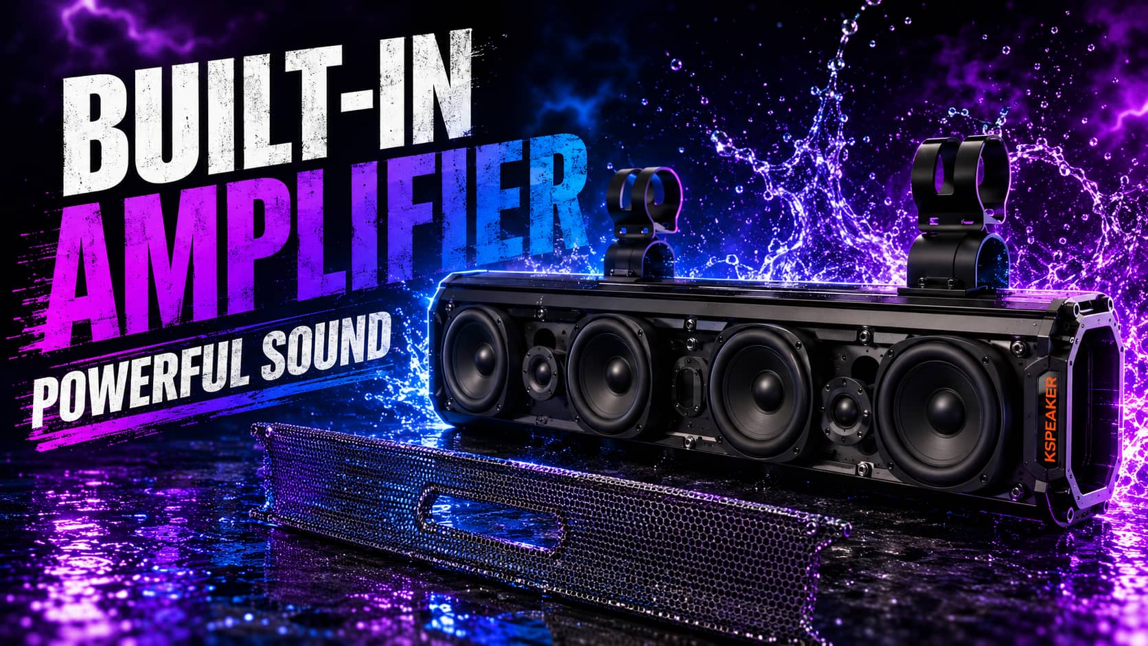 Marketing diagram of a waterproof UTV soundbar with the front mesh removed to showcase the integrated built-in amplifier and premium drivers with neon water splashes. Highlighting the space-saving all-in-one heavy audio system.