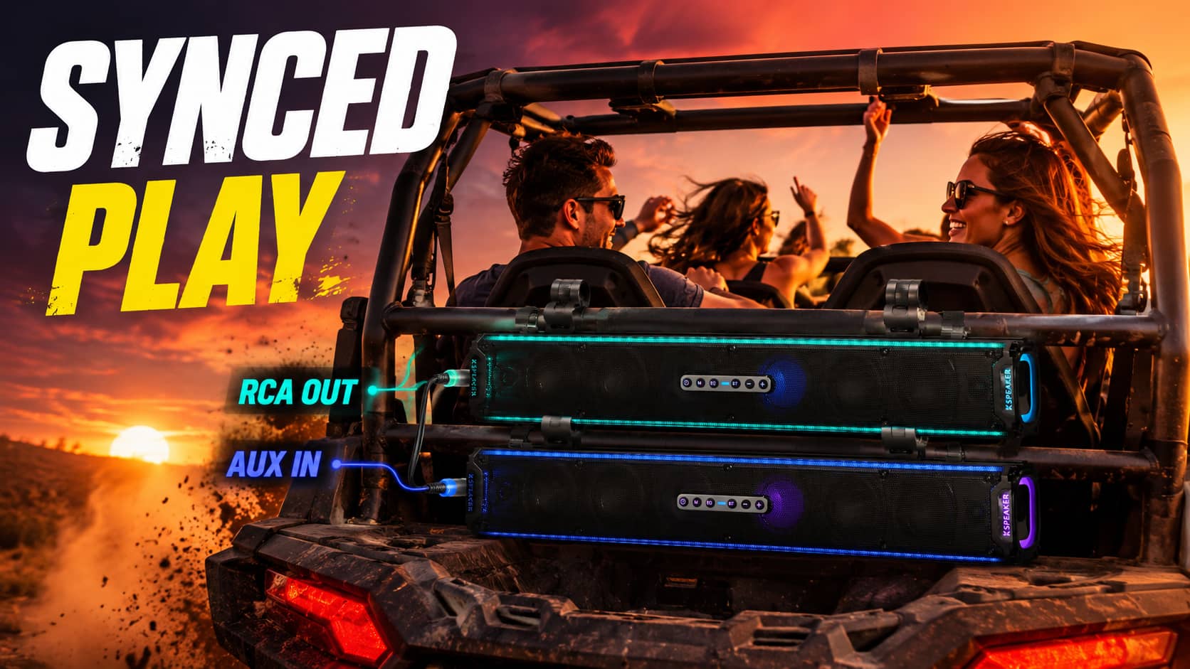 Diagram showing two KSPEAKER waterproof UTV soundbars daisy-chained via RCA OUT and AUX IN ports. Highlighting synced audio playback on an off-road side-by-side vehicle during a sunset ride.