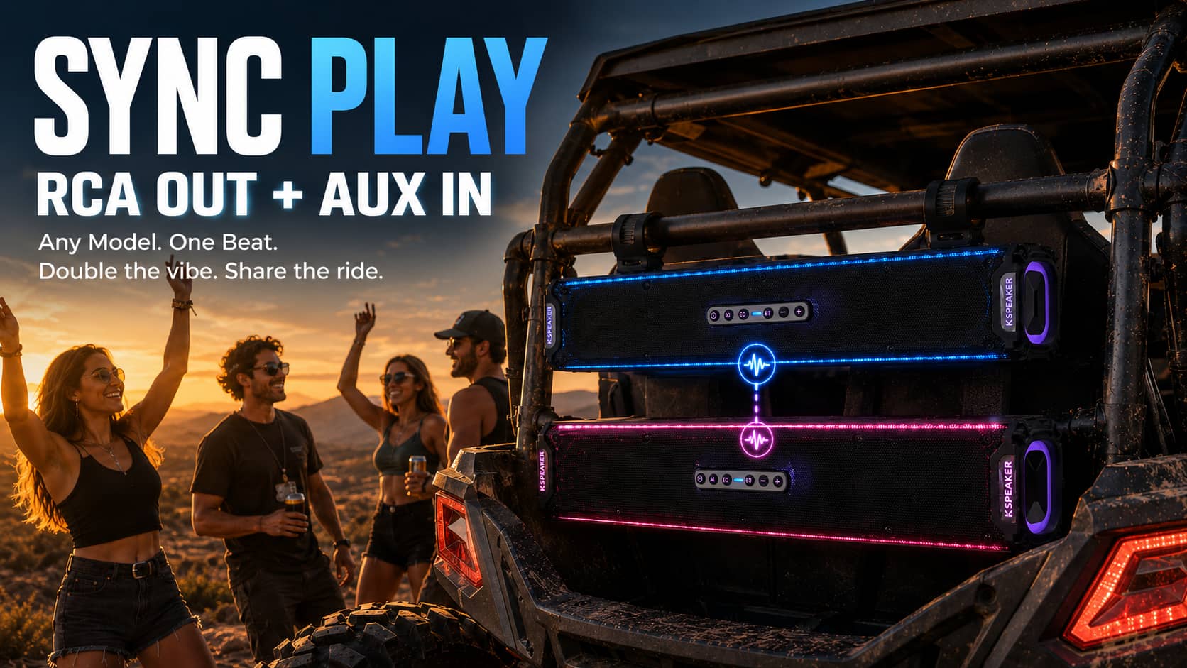 Marketing poster showing two KSPEAKER UTV soundbars linked via RCA OUT and AUX IN. Highlighting the sync play feature for off-road side-by-side vehicle audio systems to create double the volume for parties.