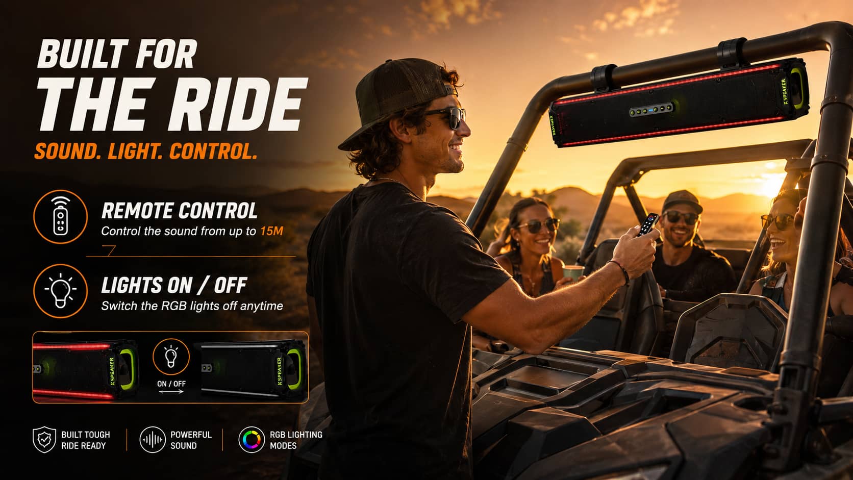Marketing banner showing a rider using a wireless remote control for a KSPEAKER UTV soundbar. Highlighting the 15M long-range audio control and easy RGB LED light switch feature for off-road side-by-side vehicles.