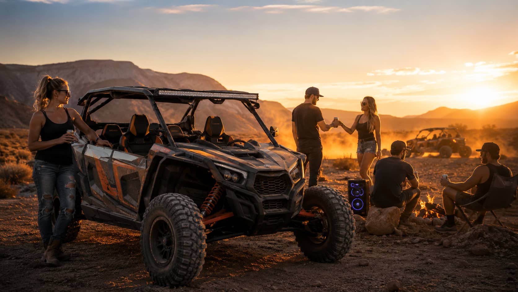 A group of friends having a bonfire party in the desert at sunset next to a Polaris RZR UTV. A portable KSPEAKER bluetooth party speaker with blue LED lights plays music on the ground.
