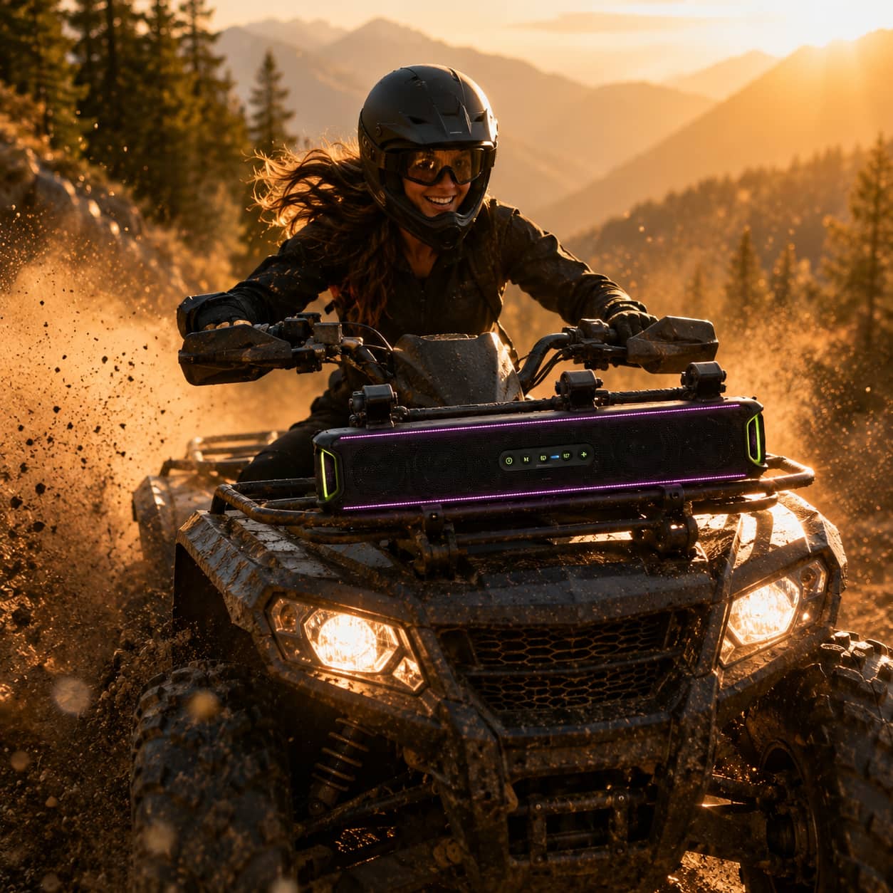 Marketing diagram of a waterproof soundbar with RGB lights securely mounted on an ATV front rack during an intense muddy off-road ride at sunset. Highlighting versatile cross-vehicle compatibility.