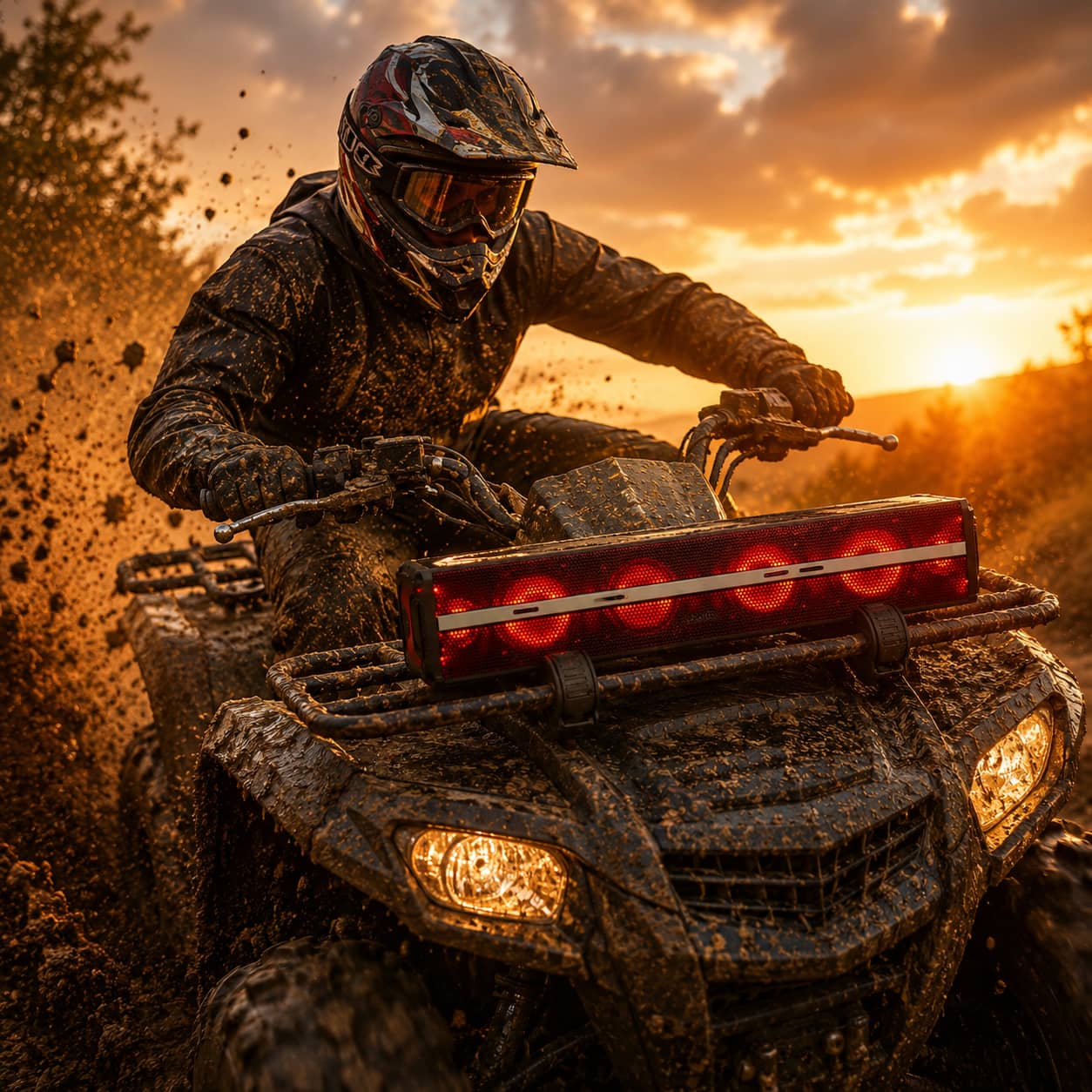 A heavy-duty waterproof soundbar securely mounted to the front rack of an ATV during a muddy off-road ride at sunset. Highlighting the versatile multi-vehicle audio system compatible with UTVs and ATVs.