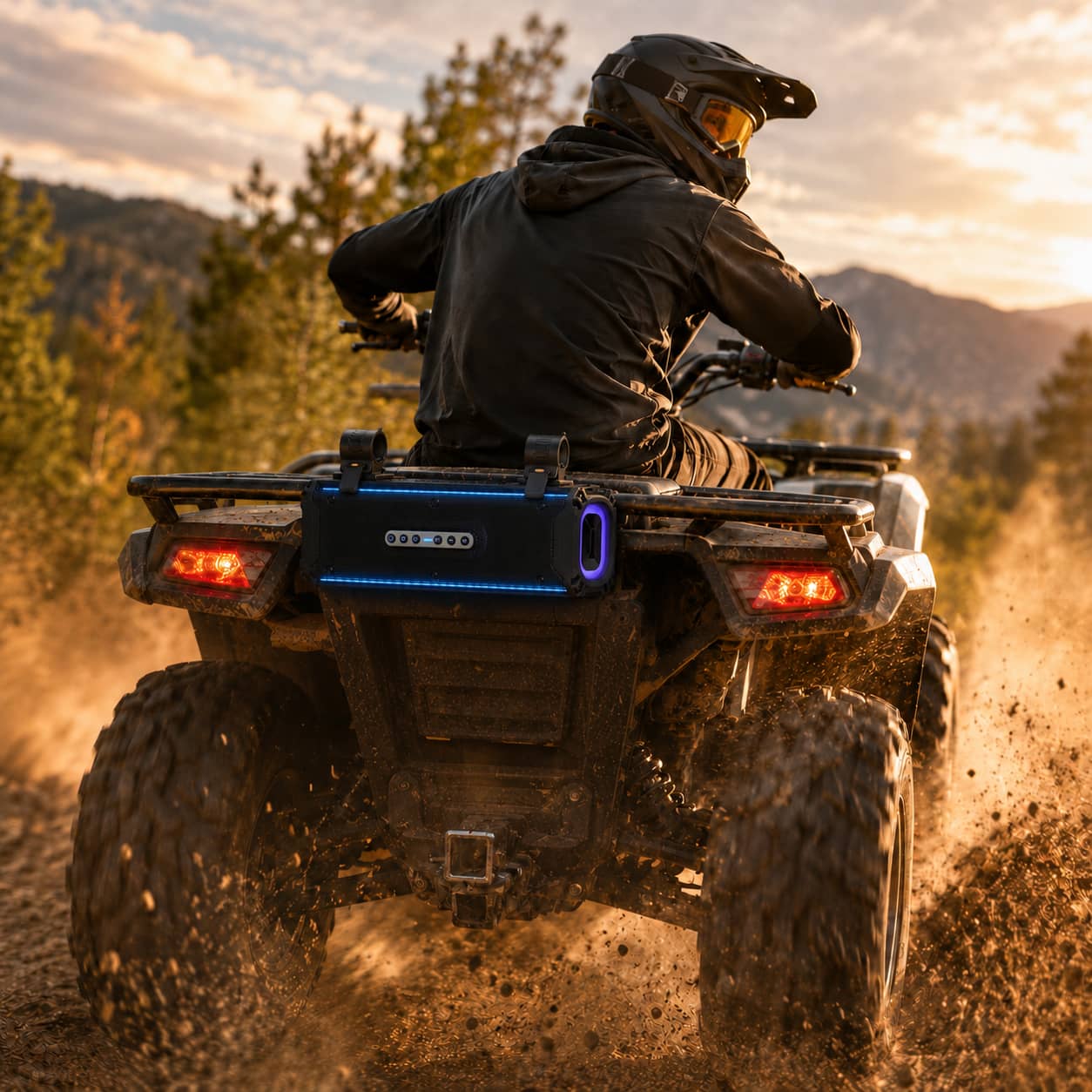 Marketing photo of a waterproof soundbar with blue LED lights mounted on the rear rack of an ATV kicking up heavy dirt on a forest trail. Highlighting the rugged quad compatibility and dustproof audio performance for four-wheelers.