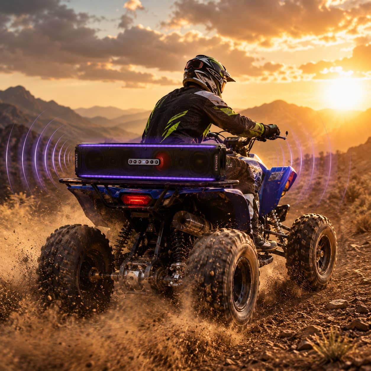 Marketing photo of a waterproof soundbar radiating purple soundwaves, securely mounted on the rear cargo rack of an ATV chasing the sunset. Highlighting the robust cross-vehicle audio performance for four-wheelers.