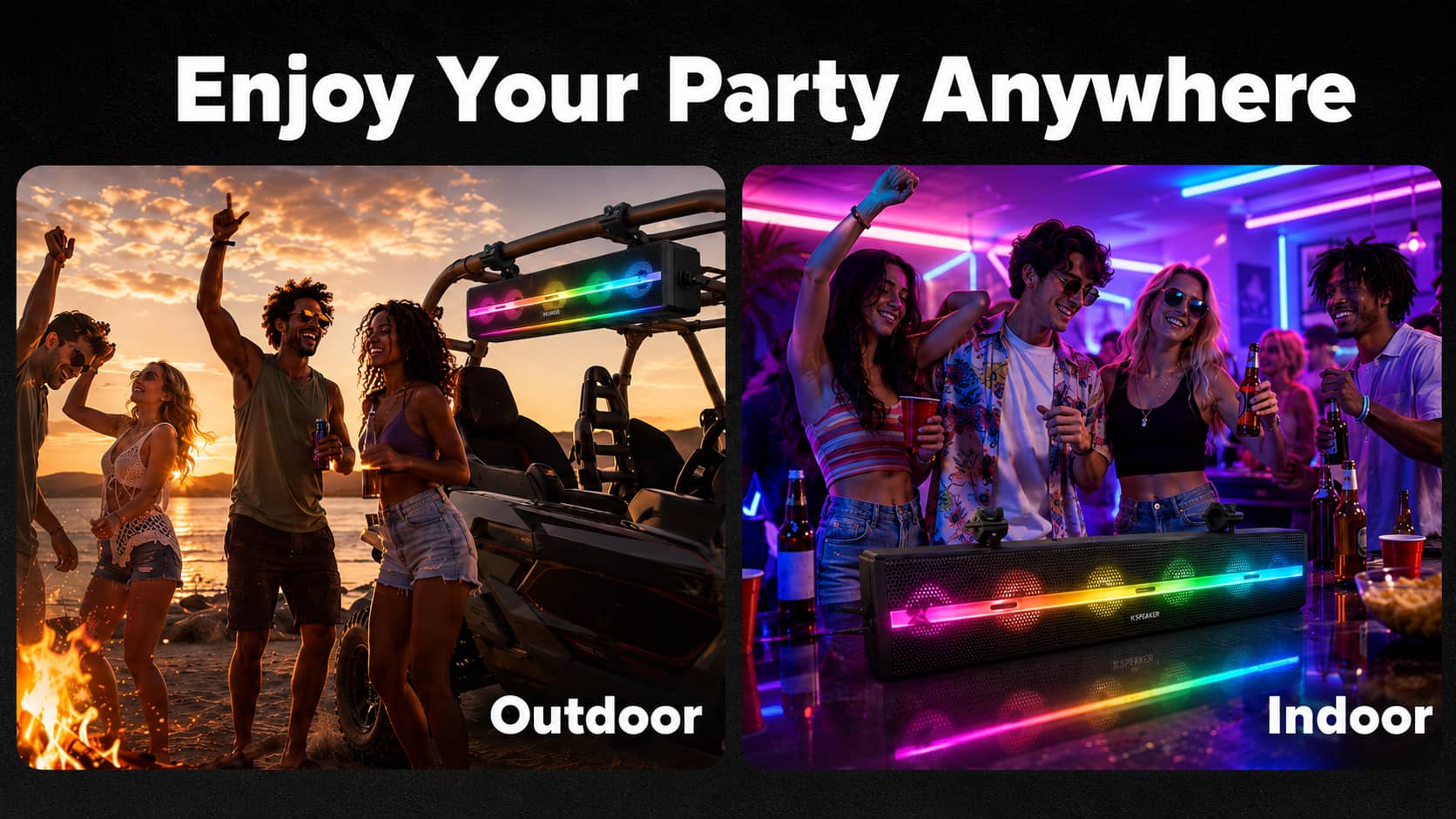 Split marketing poster displaying a waterproof UTV soundbar with RGB lights at an outdoor sunset beach party and an indoor neon nightclub gathering. Showcasing highly versatile all-terrain party audio.