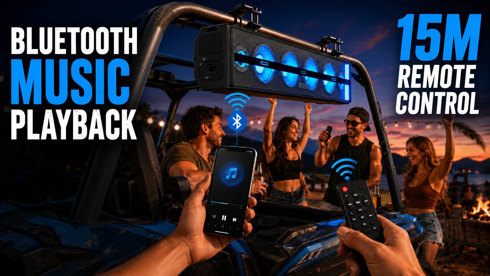 Marketing image of a waterproof UTV soundbar featuring wireless Bluetooth music playback and a long-range remote control. Highlighting convenient off-road audio control during a sunset beach campfire party.