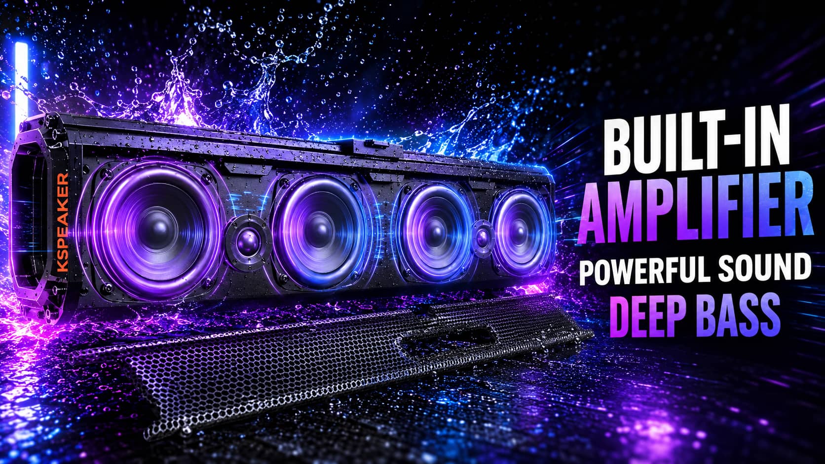 Exploded view of a waterproof UTV soundbar under water splashes, showcasing its speaker drivers. Highlighting the built-in amplifier system engineered for powerful sound and deep bass on off-road vehicles.