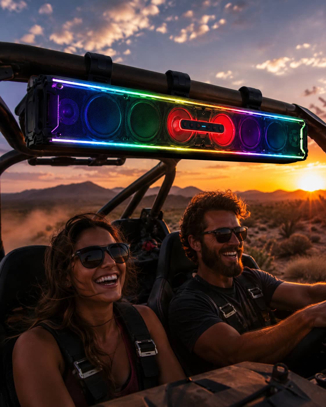 Marketing image of a waterproof UTV soundbar showcasing multiple dynamic RGB light modes. Highlighting the smart app-controlled color options and music sync lighting engineered for nighttime off-road riding.