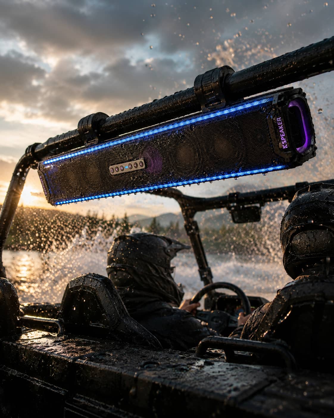 Marketing diagram of a waterproof UTV soundbar glowing with blue LED lights under heavy water splashes. Highlighting the durable weather-resistant and mudproof off-road audio system engineered for wet trails.